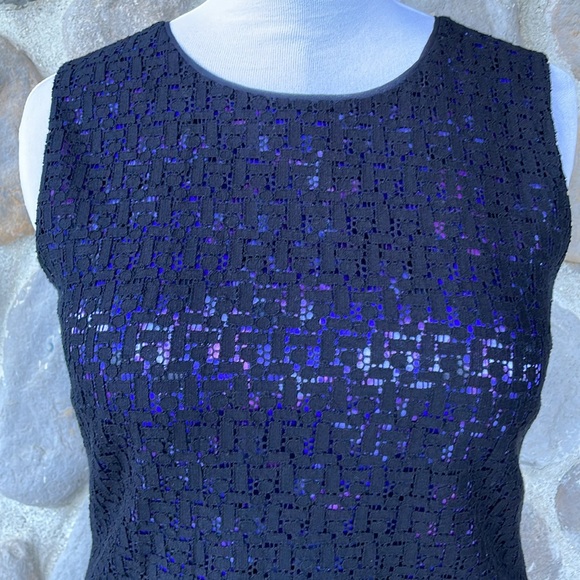 Tahari sheath dress black geometric lace with bright purple floral underlayer - Picture 4 of 12